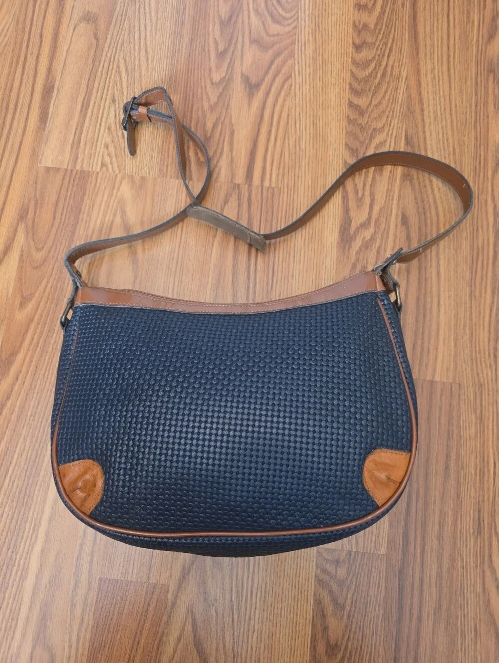 Vintage John Romain Navy Blue Tan Two Tone Shoulder Bag Crossbody Purse Textured